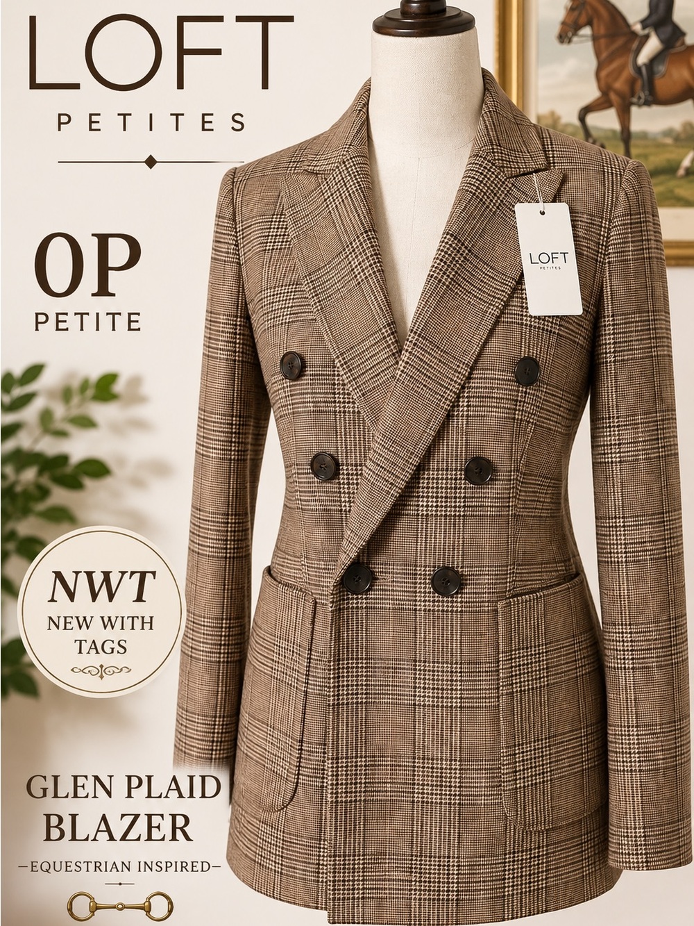 NWT LOFT Glen Plaid Double Breasted Tailored Blazer 0 Petite